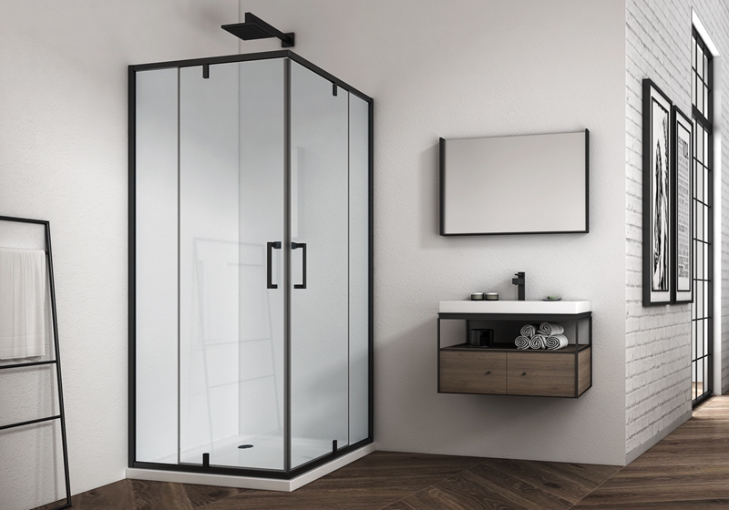 EX-309-3 6mm hörn 2 fast glas +2 dörrar glasgångjärn plus duschvägg med matt svart finish